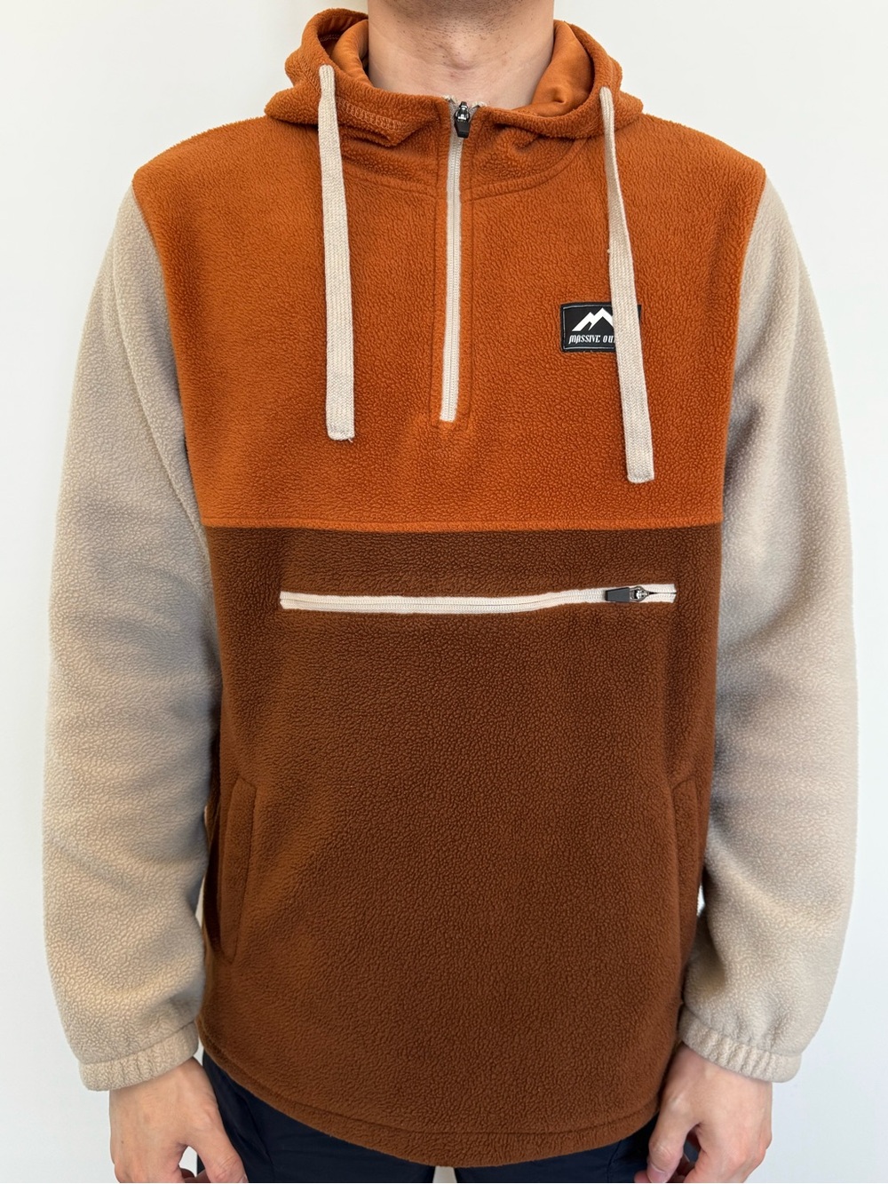 Men's Colorblock Half-Zip Fleece Hoodie - Rust, Brown & Cream
